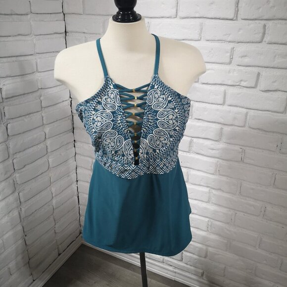 Time & Tru Ladies Size XL (16-18) Teal & White w/ Gold Tone Specs Tankini Top - Picture 1 of 8